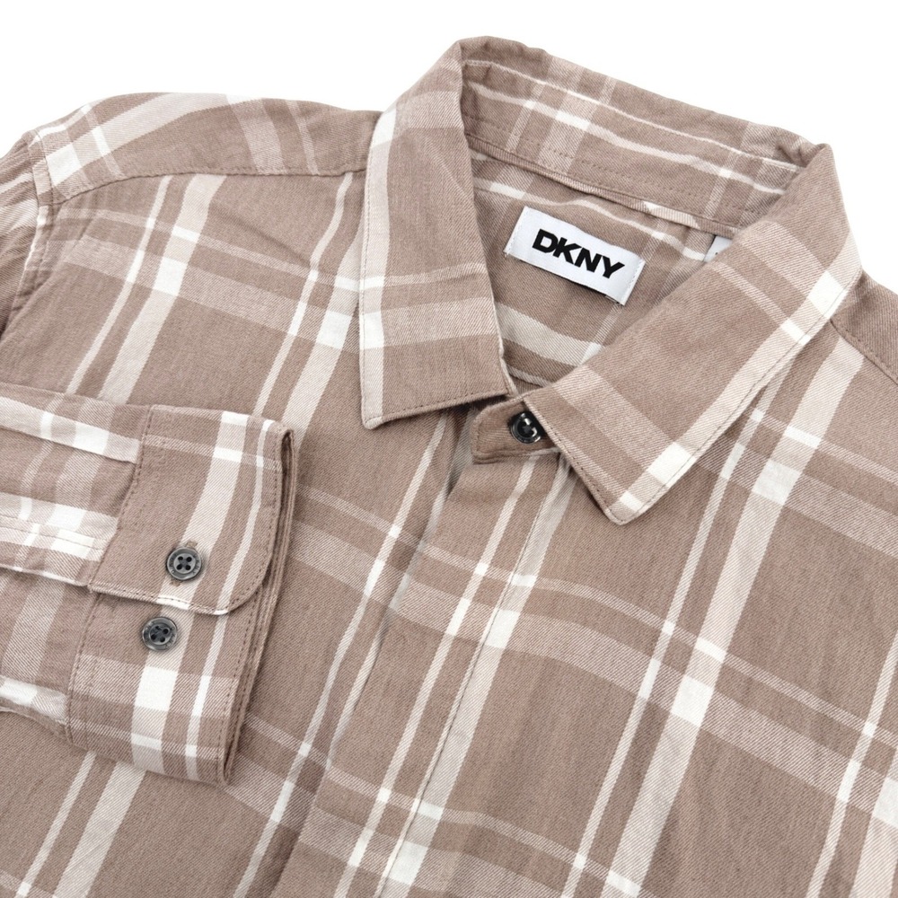 DKNY Plaid Shirt Mens L Brown Long Sleeve Stretch Casual Preppy Modern Classic